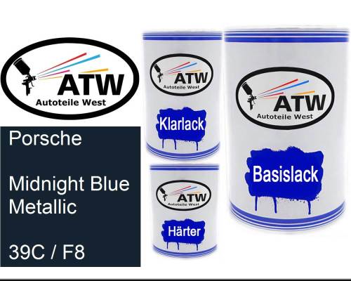 Porsche, Midnight Blue Metallic, 39C / F8: 500ml Lackdose + 500ml Klarlack + 250ml Härter - Set, von ATW Autoteile West.